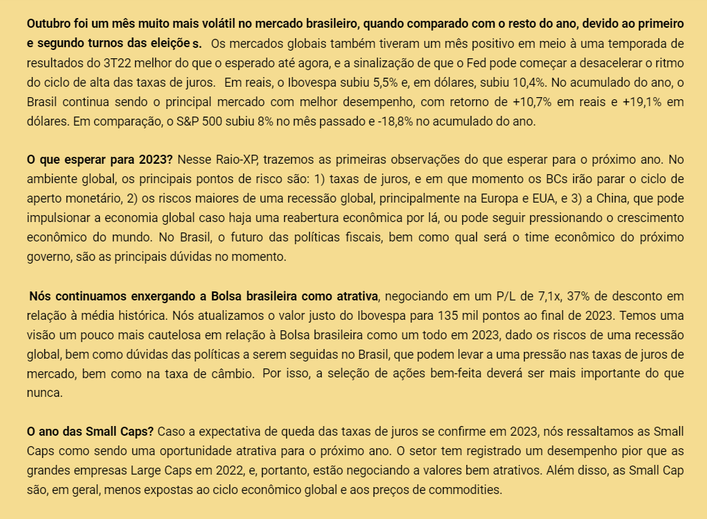 Expectativas para o mercado financeiro em 2023. Imagem: XP Investimentos