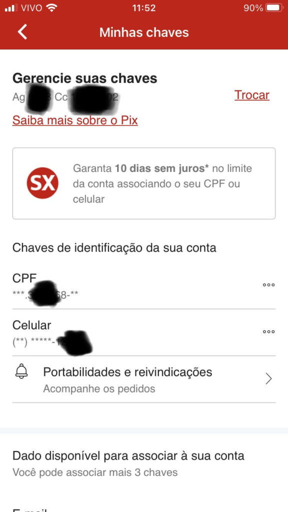 O Banco Santander oferece 10 dias sem juros no limite da conta se o cliente cadastrar o CPF ou número do celular em uma das chaves PIX. Imagem: App Santander