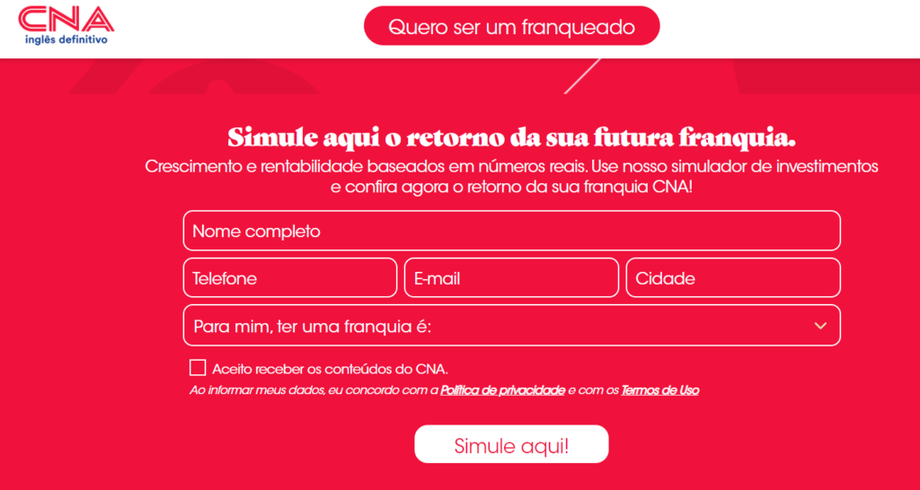 No site da CNA, é possível simular os ganhos com a franquia e conferir na íntegra a proposta comercial antes de manifestar o interesse e fazer o contato. Imagem: CNA