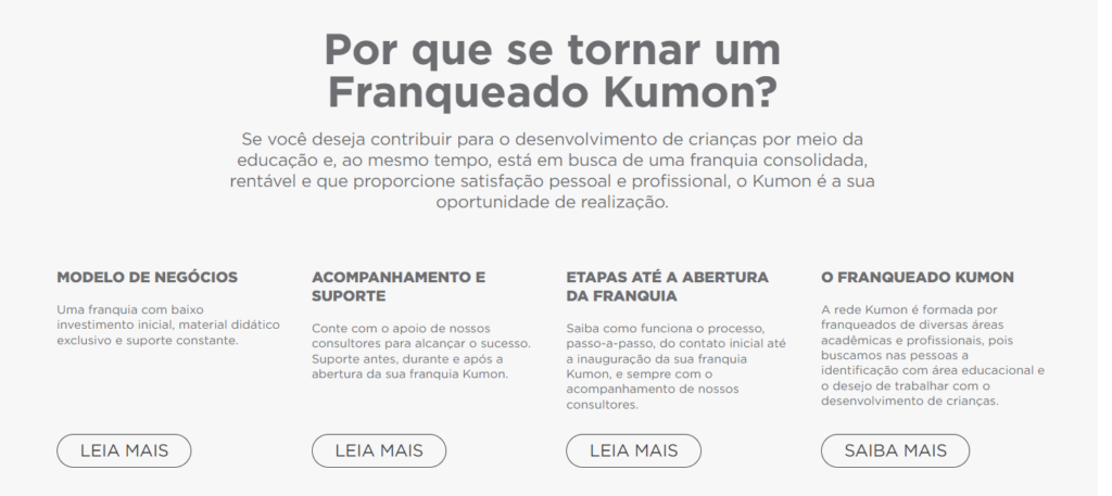 Se você está pesquisando franquias na área de educação e ensino, o Kumon promete ser uma ótima opção. Tradicional no segmento, a rede é referência no setor. Imagem: Kumon