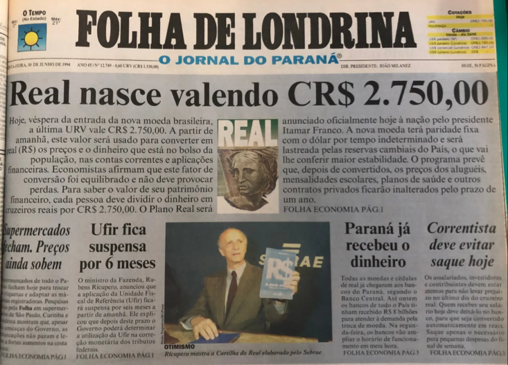 A inflação na década de 90 era tão grave que com a adoção do Plano Real, R$1 equivalia a CR$ 2.750,00. Imagem: Folha de Londrina