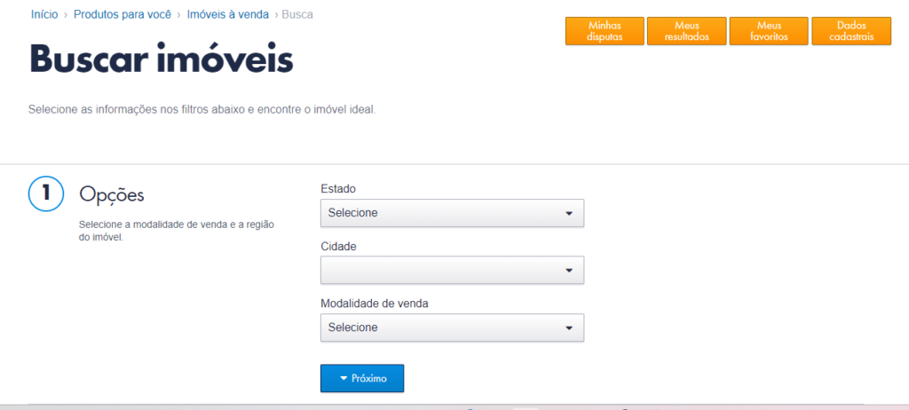 Pesquisa online do leilão de imóveis da caixa econômica. Fonte: site oficial da Caixa